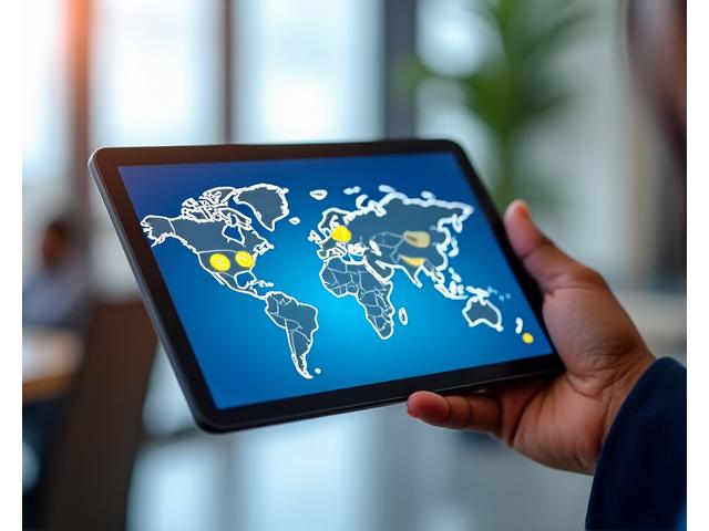 Modern bank interface on a tablet with global currency symbols, held by a diverse hand