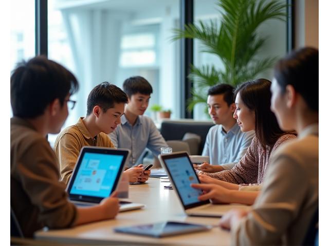 Diverse group of students engaging with FinLykke Edu online learning platform on various devices