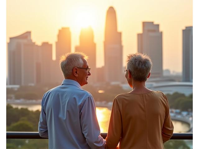 Happy elderly Singaporean couple enjoying retirement with city skyline in background, symbolizing successful retirement planning.