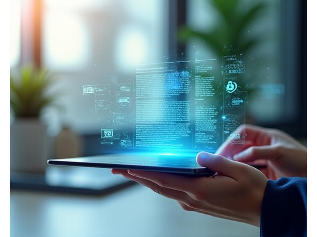 A person diligently reading a policy document on a tablet, with digital data flowing around them, symbolizing compliance and secure online interaction.